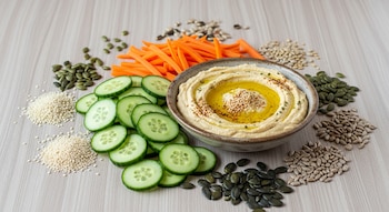 Un tazón de hummus con aceite de oliva y semillas, rodeado de rodajas de pepino, bastones de zanahoria, semillas de girasol, calabaza y sésamo en una mesa de madera clara.