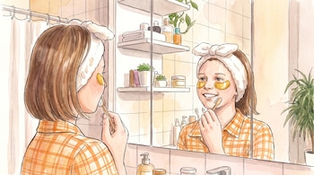 Ilustración de una mujer con una cinta en la cabeza y parches bajo los ojos mientras se cepilla los dientes frente a un espejo.