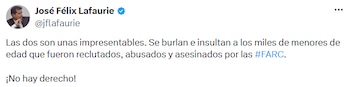 José Félix Lafaurie calificó de "impresentables" a Macafolla y Lalis y rechazó cualquier burla hacia las víctimas del reclutamiento forzado de menores. - crédito @jflafaurie/X
