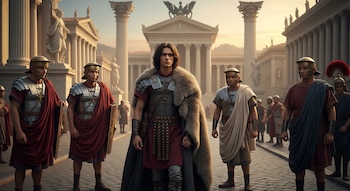 Joven con capa de piel en calle empedrada, rodeado de magistrados romanos con túnicas y togas, y soldados con armaduras. Edificios romanos al fondo.