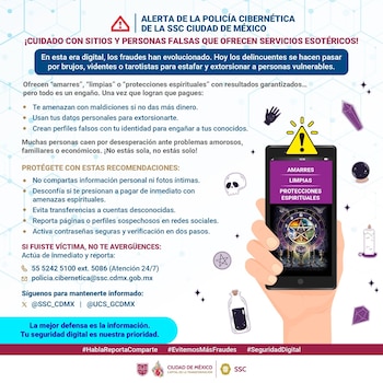 La SSC de la Ciudad de México advierte sobre la estafa del amarre, un fraude digital que se aprovecha de personas vulnerables a través de falsos servicios esotéricos en redes sociales y páginas web