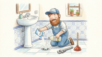 Ilustración de un plomero arrodillado vertiendo sal de una caja y vinagre blanco de una botella en la coladera de un baño con azulejos azules.