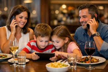 Una familia de cuatro, padres e hijos, sentados a una mesa de restaurante. Los padres hablan por sus celulares y los niños miran una tablet juntos.