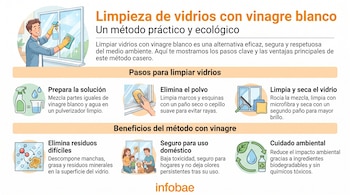Infografía sobre limpieza de vidrios con vinagre blanco, mostrando a un hombre limpiando, iconos de pasos, beneficios y el logo de Infobae.