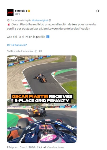 SANCION A PIASTRI EN MONZA