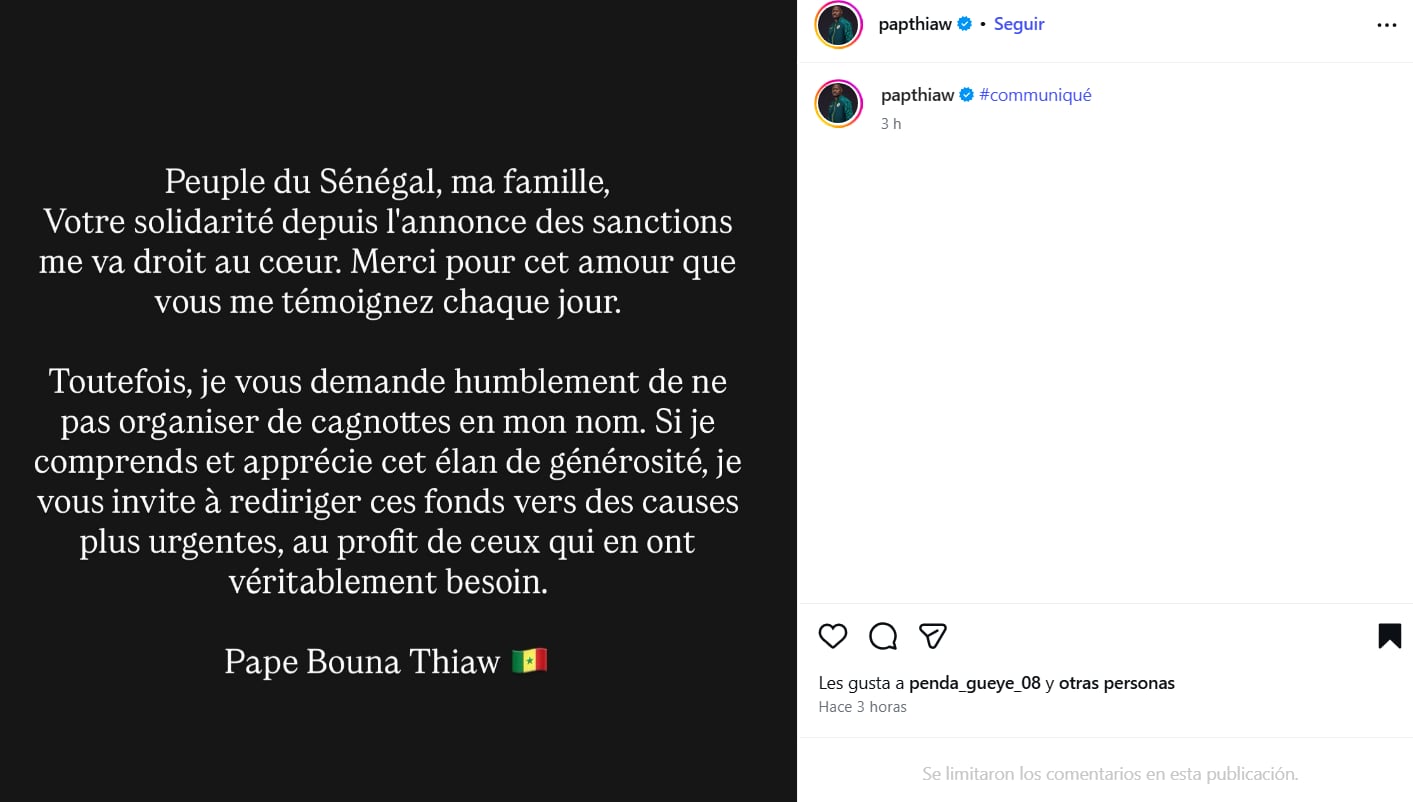 El comunicado de Pape Thiaw en Instagram