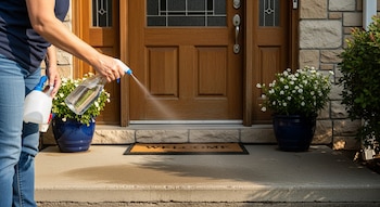 Una persona rocía un líquido de una botella pulverizadora transparente sobre el concreto de la entrada de una casa. Se ven una puerta de madera, una alfombra y macetas.