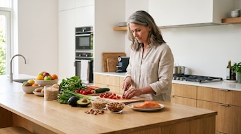 Mujer adulta de pelo gris corta tomates en tabla de madera. En mostrador hay lechuga, zanahorias, aguacate, frutas, granos, frutos secos y salmón. Cocina moderna al fondo.
