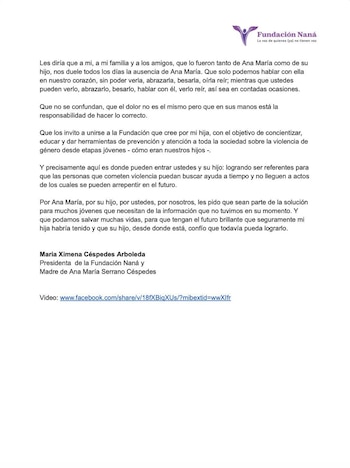 María Ximena Céspedes, mamá de Ana María Serrano, difundió una carta pública dirigida a los papás del presunto feminicida de su hija - crédito @mariaximenacespedes/Instagram