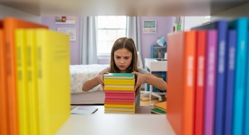 Una niña de 8 años, vista a través de libros borrosos en primer plano, organiza con seriedad una pila de libros de colores en su habitación.