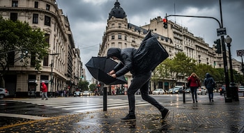 Persona con chaqueta negra y paraguas invertido por el viento en una calle mojada con hojas caídas en Buenos Aires. Edificios y semáforos al fondo.