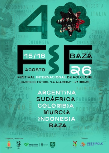 13/08/2026 Cartel del 40 Festival Internacional de Folklore que se celebra el 15 y 16 de agosto en la ciudad granadina con acceso gratuito para el público asistente.
POLITICA ANDALUCÍA ESPAÑA EUROPA GRANADA
AYUNTAMIENTO DE BAZA