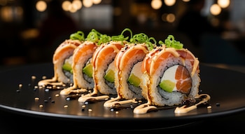 Cinco rolls de sushi uramaki con salmón, aguacate y queso crema, rebozados en panko, con salsas, sésamo y cebolla verde en un plato negro. Fondo borroso.
