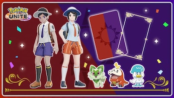 Dos entrenadores con uniformes escolares junto a las criaturas Sprigatito, Fuecoco y Quaxly, marcos gráficos y el logo del juego Pokémon UNITE