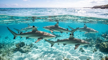 Varios tiburones de puntas negras nadan sobre arena y corales en aguas claras, bajo un cielo despejado con el horizonte visible.