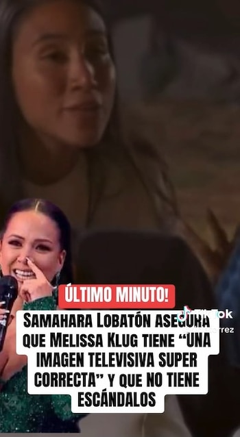 Imagen dividida mostrando a una mujer sonriente con vestido verde con lentejuelas abajo, y el rostro de otra mujer borroso arriba, con un titular en pantalla