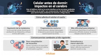 Infografía con título y subtítulo, dos personas en cama con celular, ilustraciones de cerebro, reloj, notificaciones, persona durmiendo y bostezando. Logo Infobae.