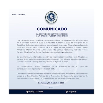 Documento oficial blanco de la Corte de Constitucionalidad de Guatemala con su escudo y el título 'COMUNICADO', anunciando la asunción de nuevos magistrados