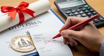 Primer plano de una mano con un marcador rojo tachando un recibo. Sobre un escritorio hay un diploma enrollado, documentos universitarios, una calculadora y una medalla dorada.