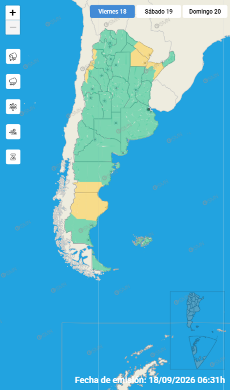 Un sector del Litoral y parte de la Patagonia atravesado por lluvia y clima ventoso (Servicio Meteorológico Nacional)