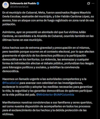 La Defensoría del Pueblo pidió a la Fiscalía General de la Nación avanzar rápidamente en las investigaciones de los asesinatos en Cubarral - crédito @DefensoriaCol/X