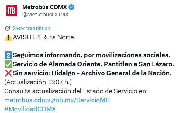 Avance en tiempo real de las diversas líneas de la red de transporte público capitalino. (TW MB CDMX)