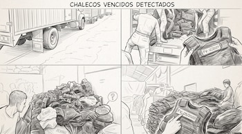 Dibujo en cuatro paneles sobre la inspección de chalecos antibalas con etiquetas de fecha de vencimiento dentro de un camión y un almacén.
