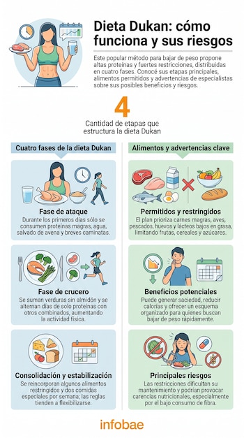 Infográficos sobre a dieta Dukan: passos, alimentos permitidos e restritos, benefícios, riscos. Inclui texto, pessoas, comida e ícones de calendário. Logotipo da Infobae.