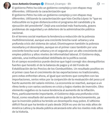 José Antonio Ocampo mostró preocupación por la crisis económica y de salud en Colombia - crédito @JoseA_Ocampo/X