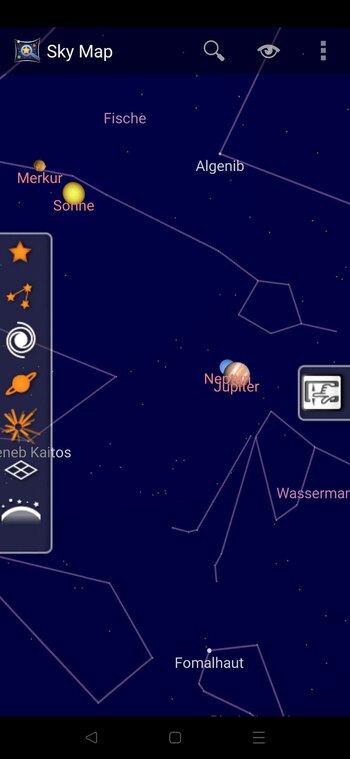 SCREENSHOT - El funcionamiento de la aplicación Sky Map se explica por sí mismo: a la izquierda, las distintas categorías de cuerpos celestes pueden seleccionarse (naranja) y deseleccionarse (blanco). En el borde derecho está el botón para mover manualmente el mapa. Y en la parte superior, la entrada para la búsqueda de texto libre y el acceso a los ajustes. Foto: Sky Map/dpa - ATENCIÓN: Sólo para uso editorial con el texto adjunto y mencionando el crédito completo