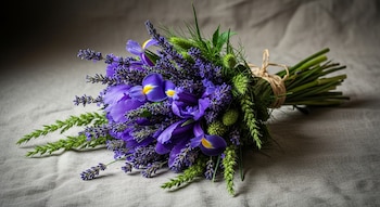 Ramo realista de lirios morados y lavanda con texturas naturales y follaje, atado con cuerda, sobre un paño de lino gris con iluminación suave.