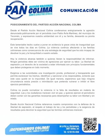 Posicionamiento del PAN Colima tras la denuncia de agresión. Crédito: PAN