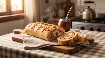 Un pan relleno con jamón, queso y aceitunas verdes cortado en rodajas sobre una tabla de madera con una servilleta, junto a un mate y una pava en una cocina.