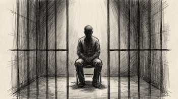 Dibujo en monocromo de una persona sentada en una silla dentro de una celda vista a través de barrotes.