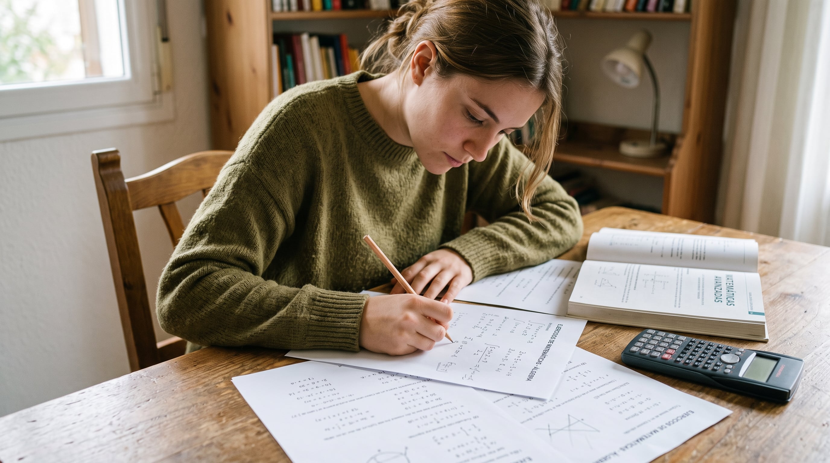 Una joven resuelve ejercicios de álgebra en un escritorio junto a un libro de texto y una calculadora (Imagen Ilustrativa Infobae)