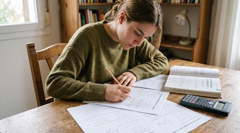 Una mujer escribe con lápiz en hojas de ejercicios junto a un libro de matemáticas y una calculadora sobre una mesa de madera.