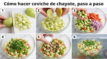 Seis pasos en imágenes muestran la preparación de ceviche: cortar chayote, añadir lima y limón, luego pepino, tomate, cebolla, cilantro, chile, sal y pimienta, y el plato final.