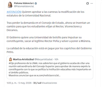 La candidata Paloma Valencia aseguró que el Gobierno quiere tener a la Universidad Nacional en su "bolsillo" - crédito @PalomaValenciaL/X
