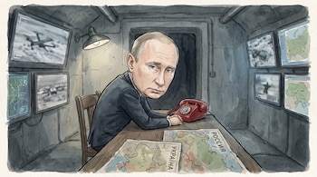 Caricatura de Vladimir Putin sentado en un búnker subterráneo de hormigón. Vistas de monitores con drones y patrullas, teléfono rojo y mapas.