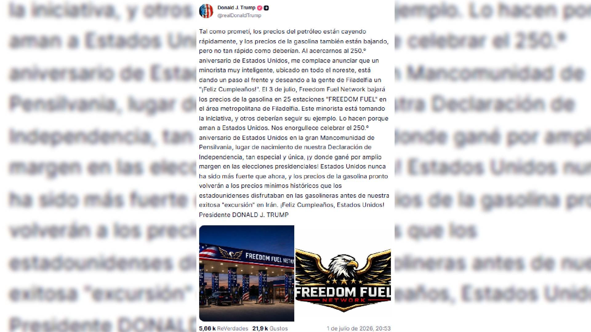 Trump había anticipado en Truth Social que un minorista del noreste impulsaría una baja en la gasolina y prometió un regreso a precios previos al conflicto con Irán (X)