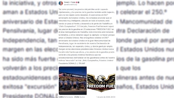 Captura de pantalla de una publicación de Donald J. Trump anunciando una reducción de precios de gasolina con una gasolinera y un logo