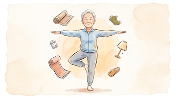 Ilustración de una persona mayor sobre un pie con los brazos extendidos, rodeada por alfombras, medicinas, zapatos y una lámpara.