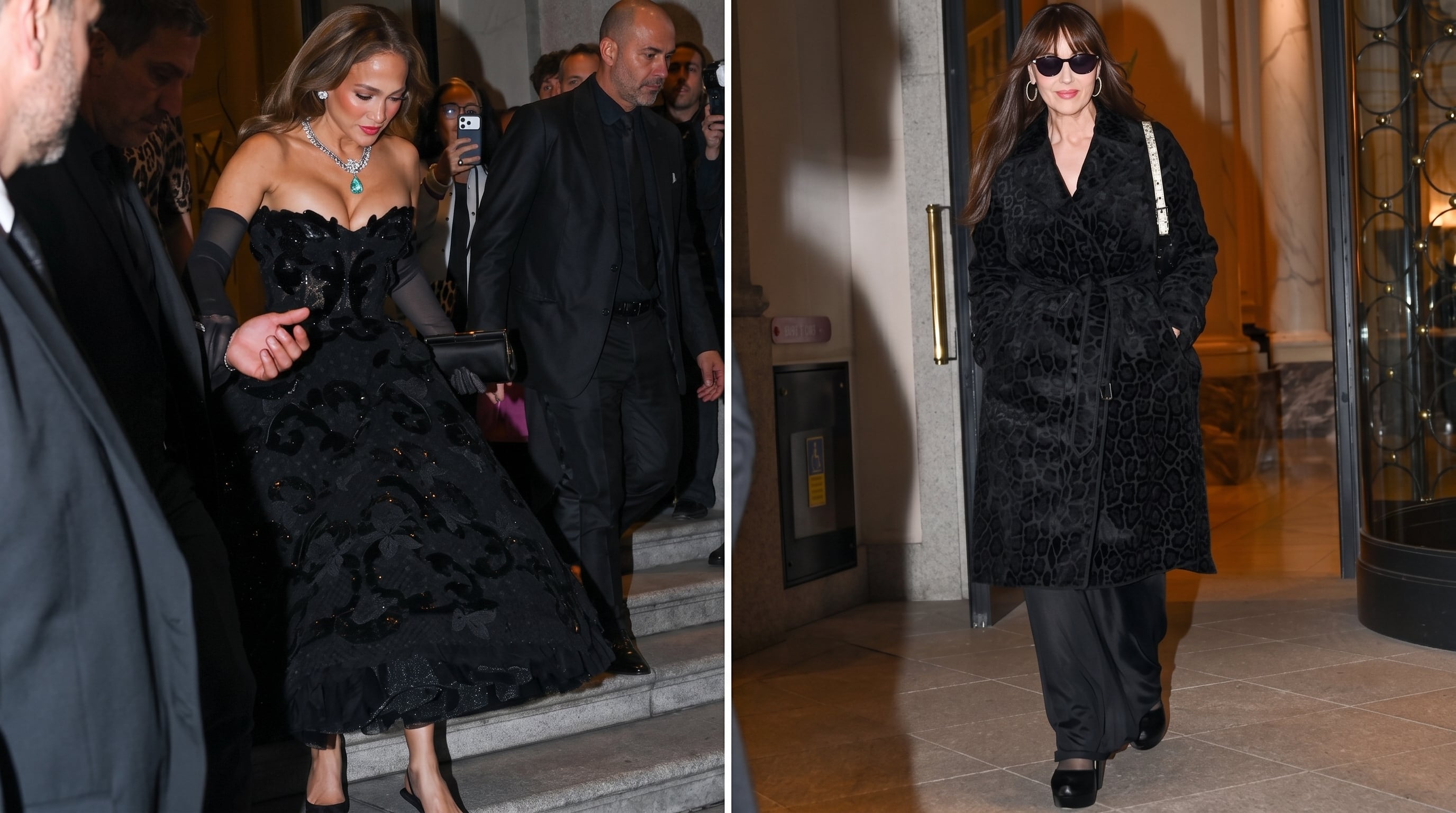 Las actrices Jennifer Lopez y Monica Bellucci lucieron vestimentas de color negro durante sus respectivas apariciones públicas. (Imagen Ilustrativa Infobae)