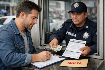 Hombre firma documento y entrega dinero a un oficial de policía que sostiene una boleta de infracción en una ventanilla de pago.