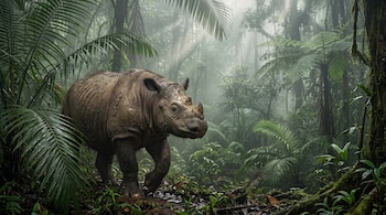 Un rinoceronte de Sumatra camina entre palmeras y plantas de selva rodeado por niebla y rayos de luz.