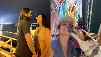 Díptico: hombre con barba y mujer de gafas se miran frente al mar de noche; mujer de gafas y gorra sonríe mientras un perro le lame la cara, hombre sonríe detrás