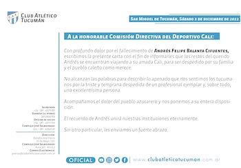 Carta de Atlético Tucumán al