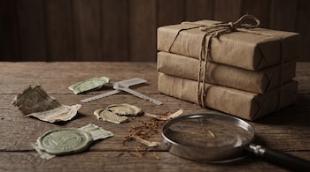 Paquetes de papel marrón atados con hilo, sellos de cera rotos, una etiqueta de aduana, hebras de tabaco y una lupa sobre una mesa de madera.