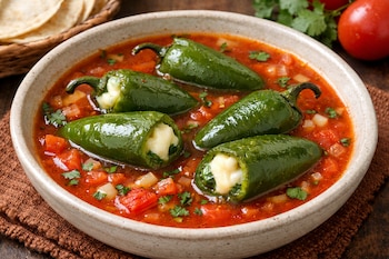 Un plato hondo con cinco chiles jalapeños verdes rellenos de queso en un caldo de jitomate, cebolla y cilantro. Al fondo, tortillas y tomates.