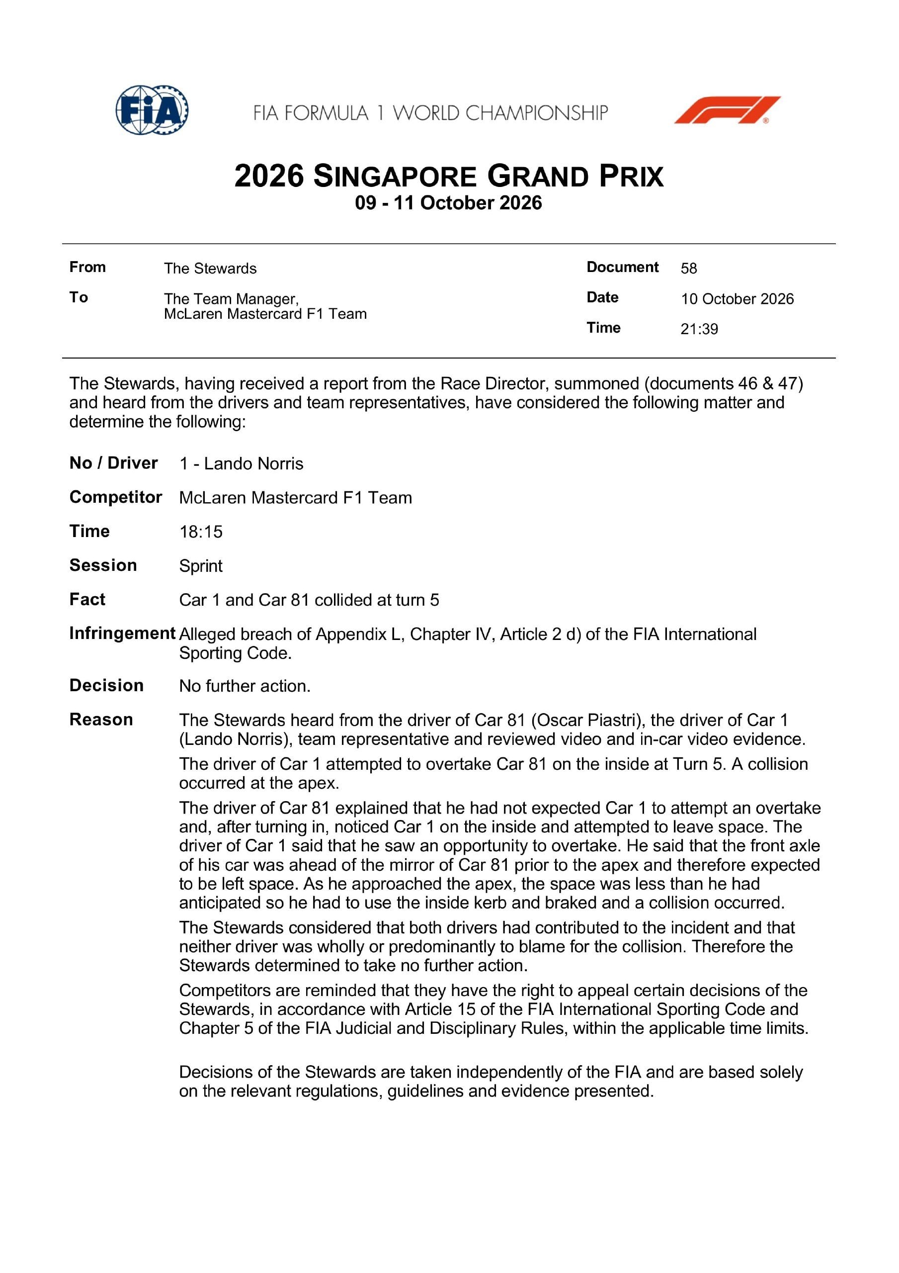 Un documento oficial de los comisarios de la FIA determina no tomar medidas por el choque entre Lando Norris y Oscar Piastri durante la carrera esprint del Gran Premio de Singapur.